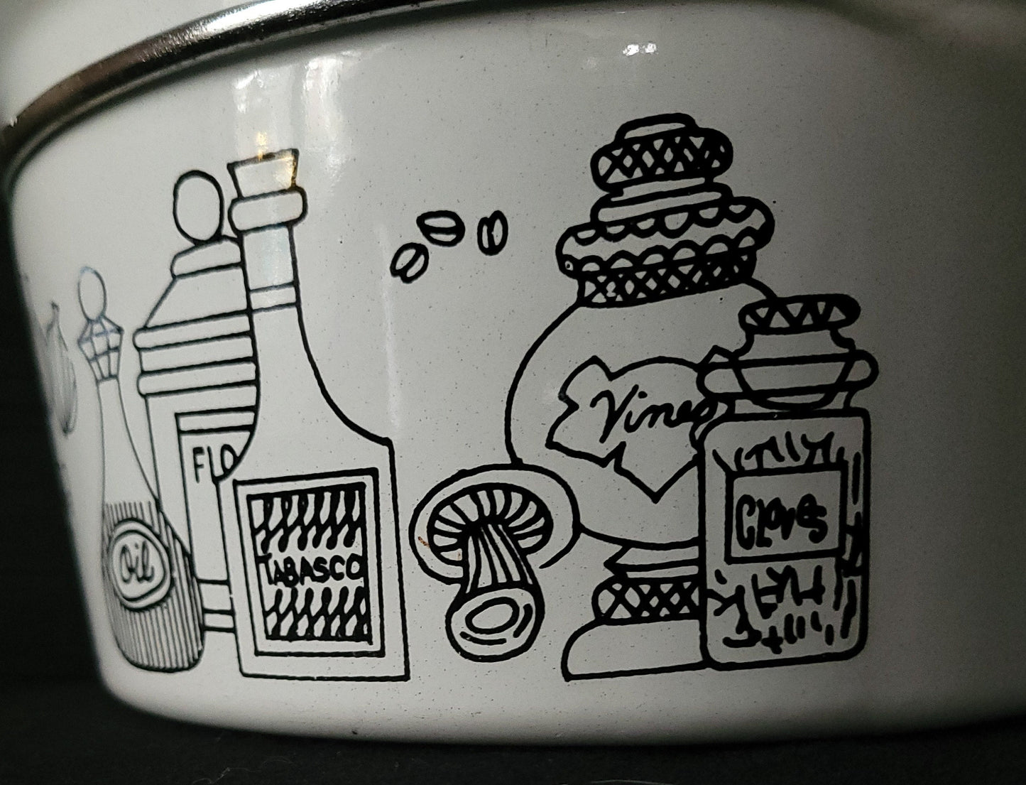 Retro Enamel Cookware/ Kitschy Kitchen Decor/ 1970's Enamel Steamer Pot with Classic Graphics