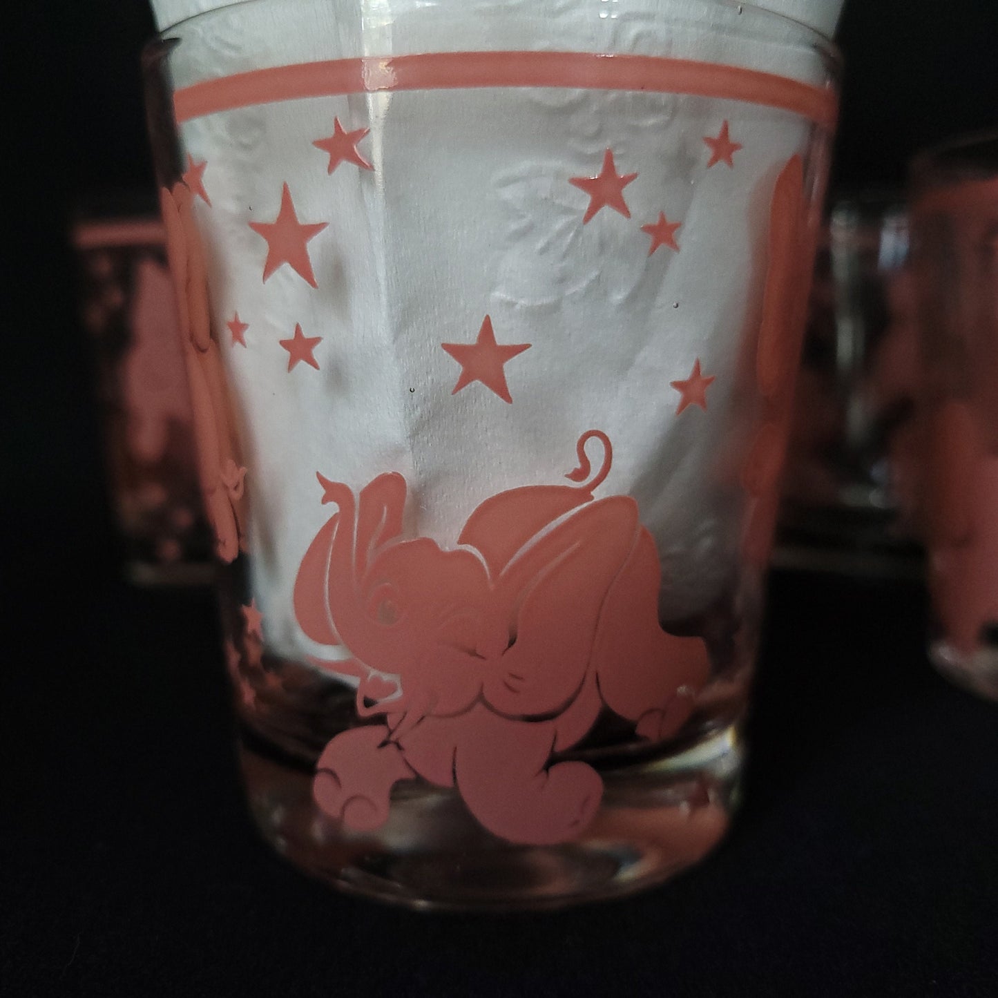 MINT Hazel Atlas Pink Pink Dancing Elephants & Stars Tumbler Glasses/ 1950's Merry Maker Barware Set / Pink Elephant Graphic Barware