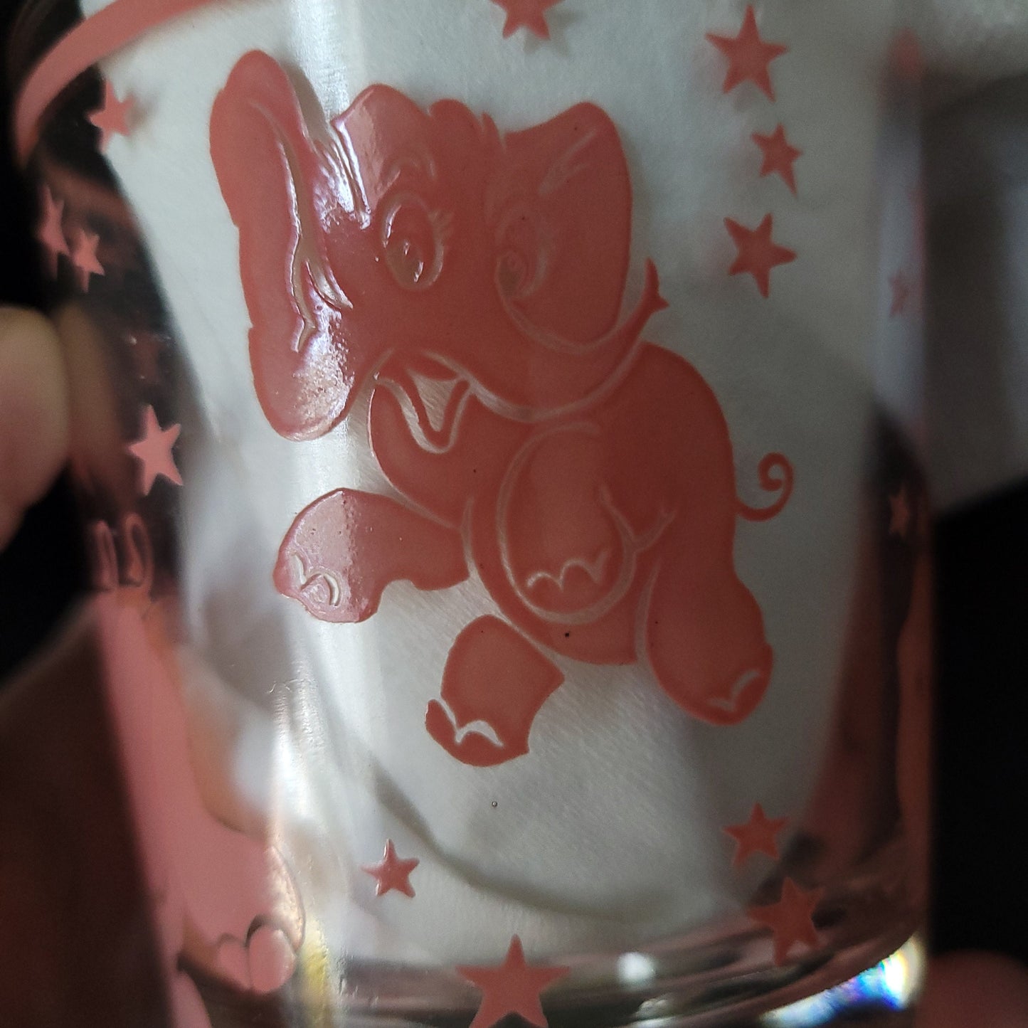 MINT Hazel Atlas Pink Pink Dancing Elephants & Stars Tumbler Glasses/ 1950's Merry Maker Barware Set / Pink Elephant Graphic Barware