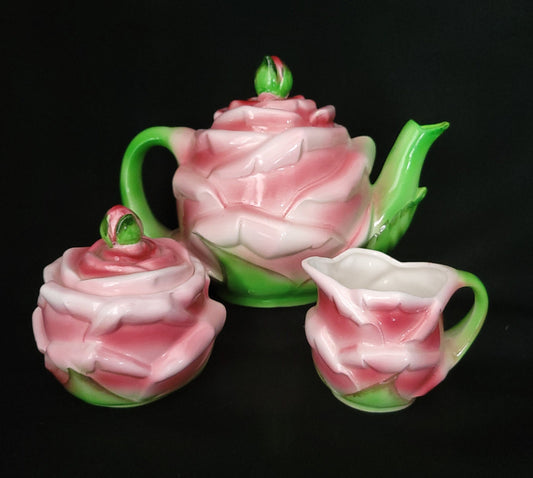 PY Countess Rose Collectible/ Vintage Rose Design Teapot & Cream and Sugar Set/ 1950's Kitschy Kitchen Decor