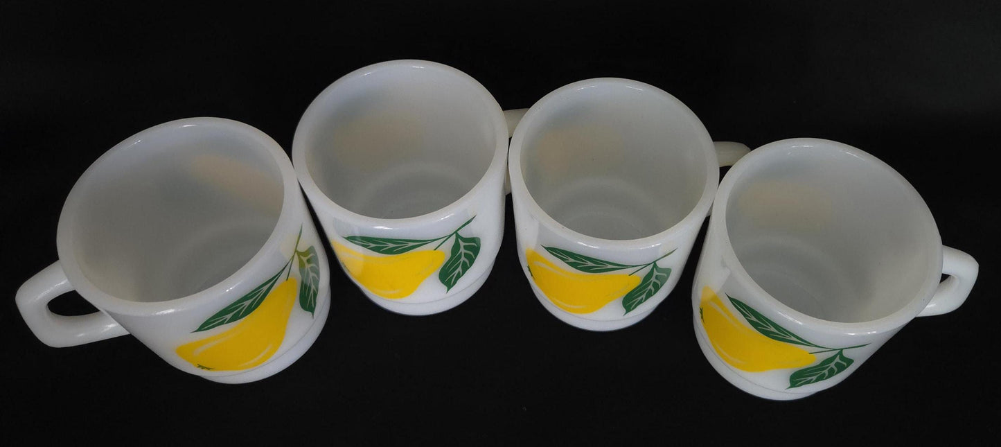 1960's Termasica Autumn Pear Mugs/ Vintage Pattern Milk Glass Mugs/ Retro Kitchen Stacking Mugs