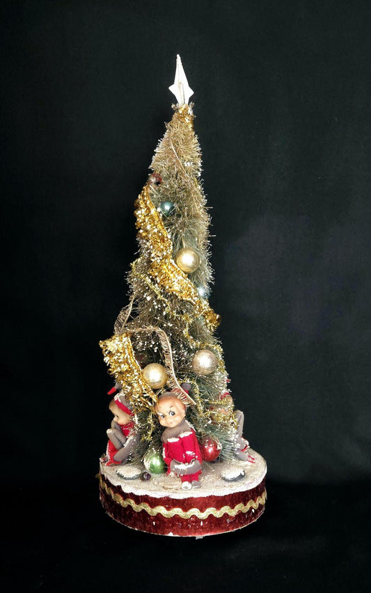 Vintage Musical Bottle Brush Christmas Tree/ Kitschy 1950's Christmas Decor/ Knee Hugger Elf Ornament Bottle Brush Tree