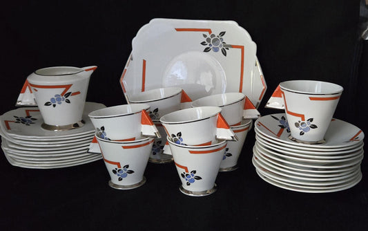 Shelley Mode Art Deco Tea Trio/ RARE Shelley Mode Lighting Strike 11756/ Shelley Art Deco Coral Lighting Strike Mode Tea Set