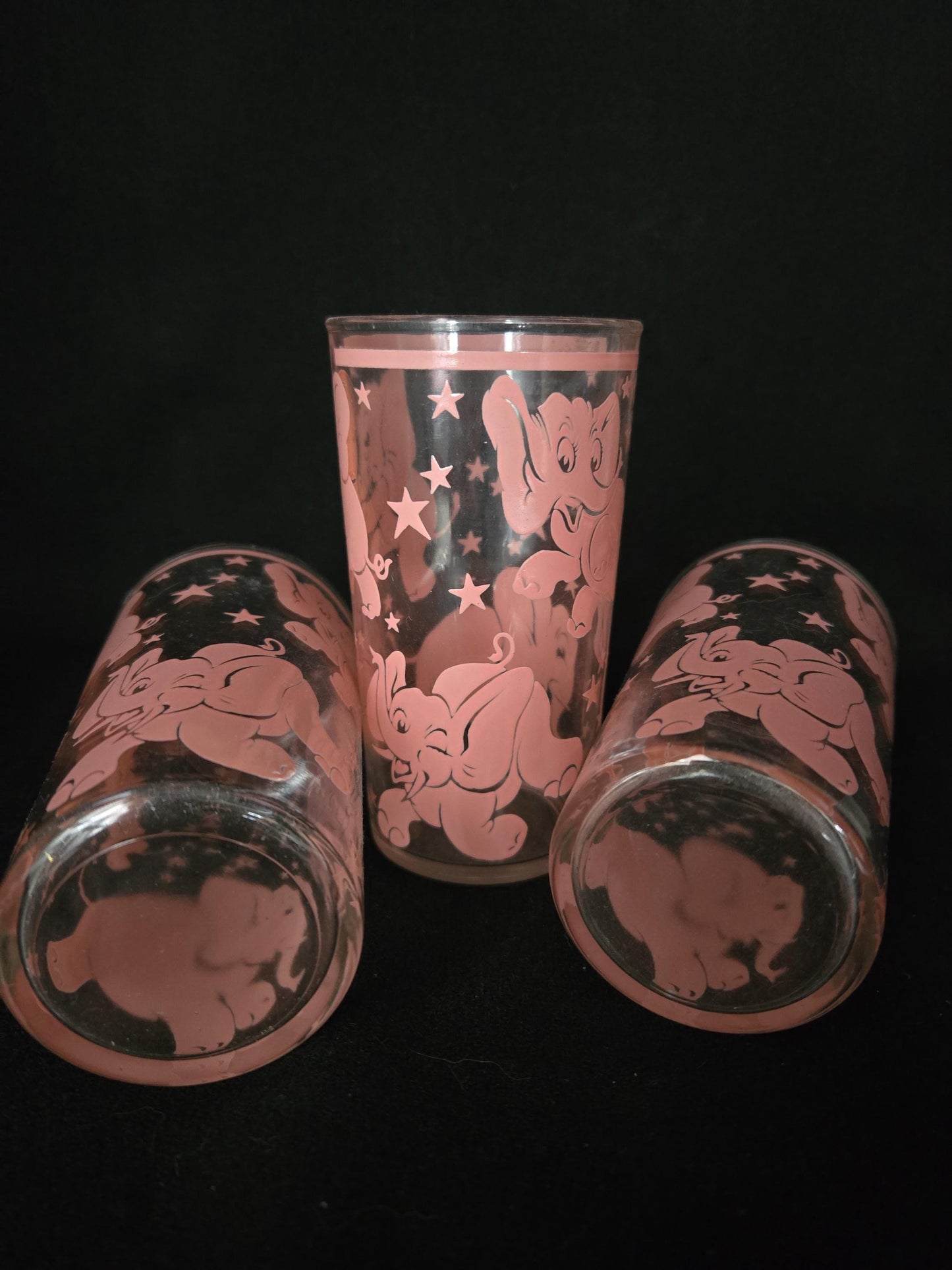 MINT Hazel Atlas Pink Pink Dancing Elephants & Stars Tumbler Glasses/ 1950's Merry Maker Barware Set / Pink Elephant Graphic Barware