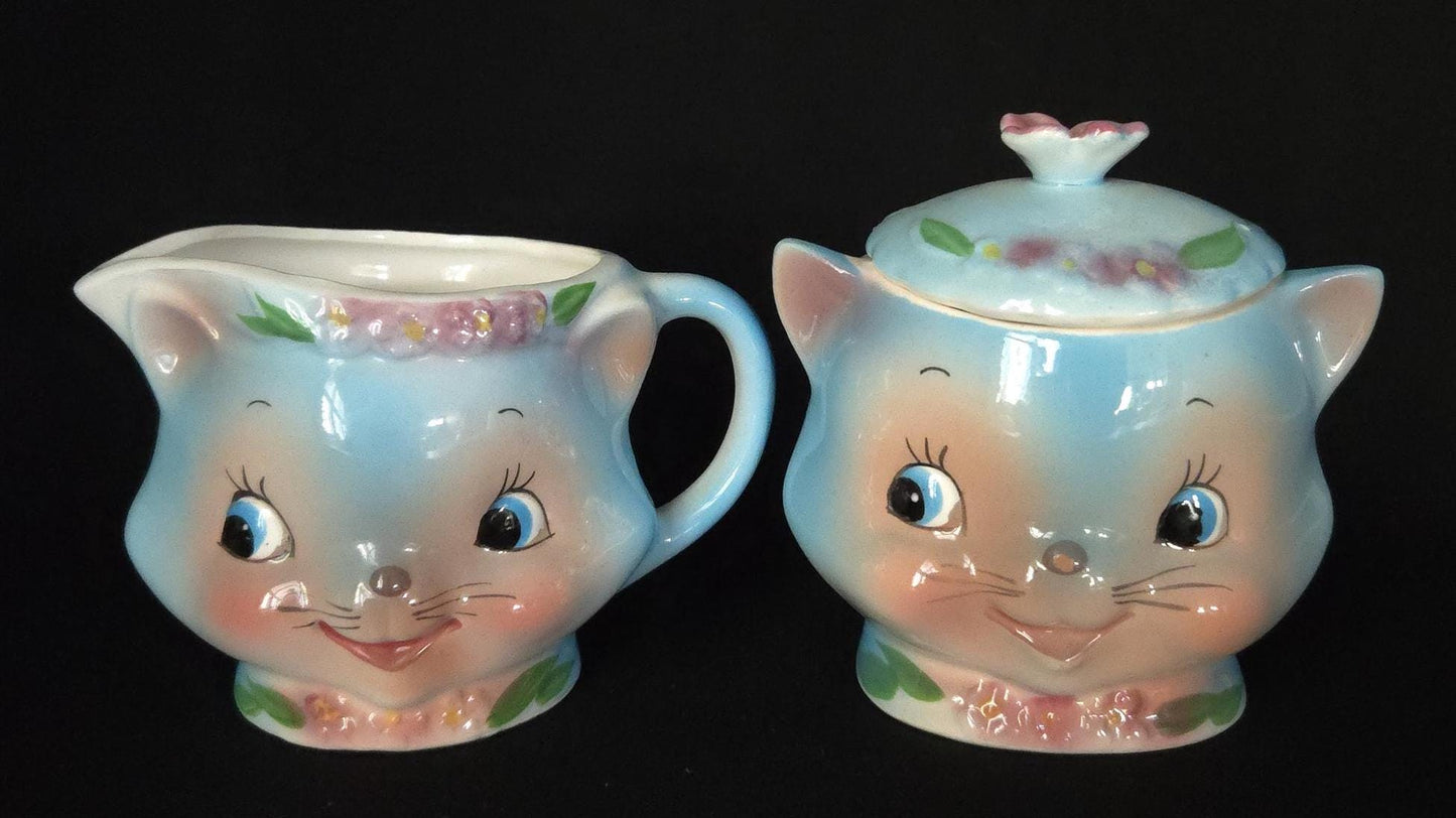 Rare Norcrest Blue Cat Teapot/ 1950's Kitchen Character Collectible/ Anthropomorphic PY Blue Cat