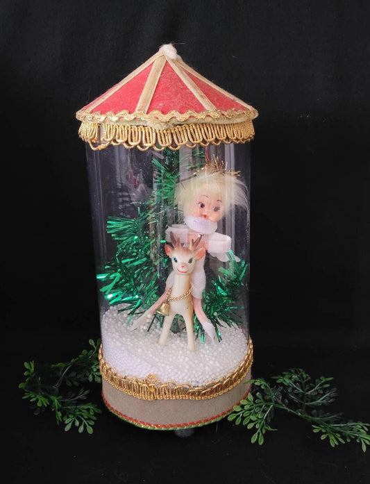 Vintage Music Box Snow Globe with Angel & Reindeer/ Kitschy 1950's Christmas Decor/ Musical Ornament Snow Goble