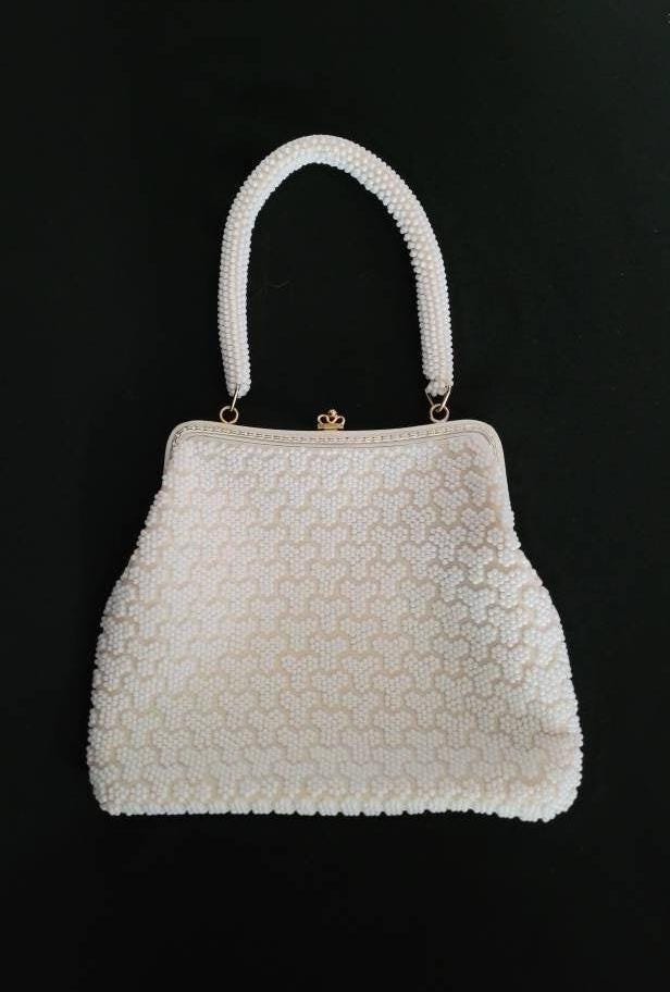 Vintage White Beaded Handbag/ Rockabilly Top Handle Purse/ Mid Century Fashion Accessory