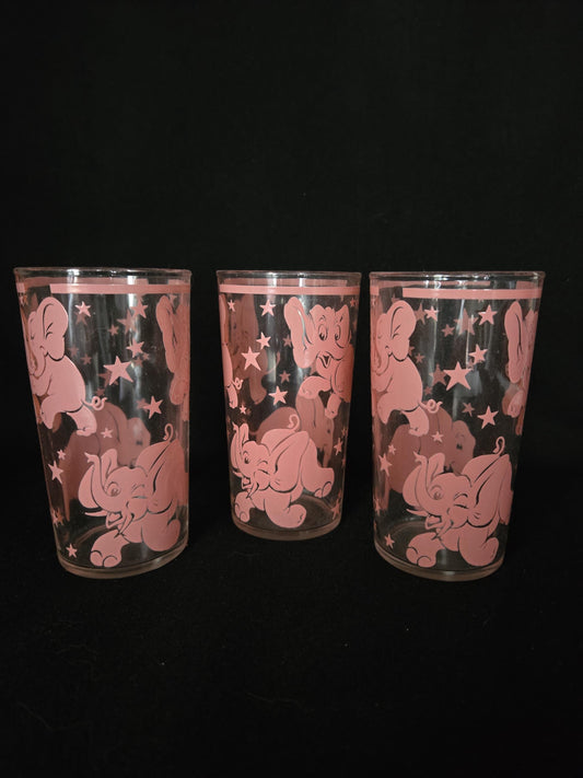 MINT Hazel Atlas Pink Pink Dancing Elephants & Stars Tumbler Glasses/ 1950's Merry Maker Barware Set / Pink Elephant Graphic Barware