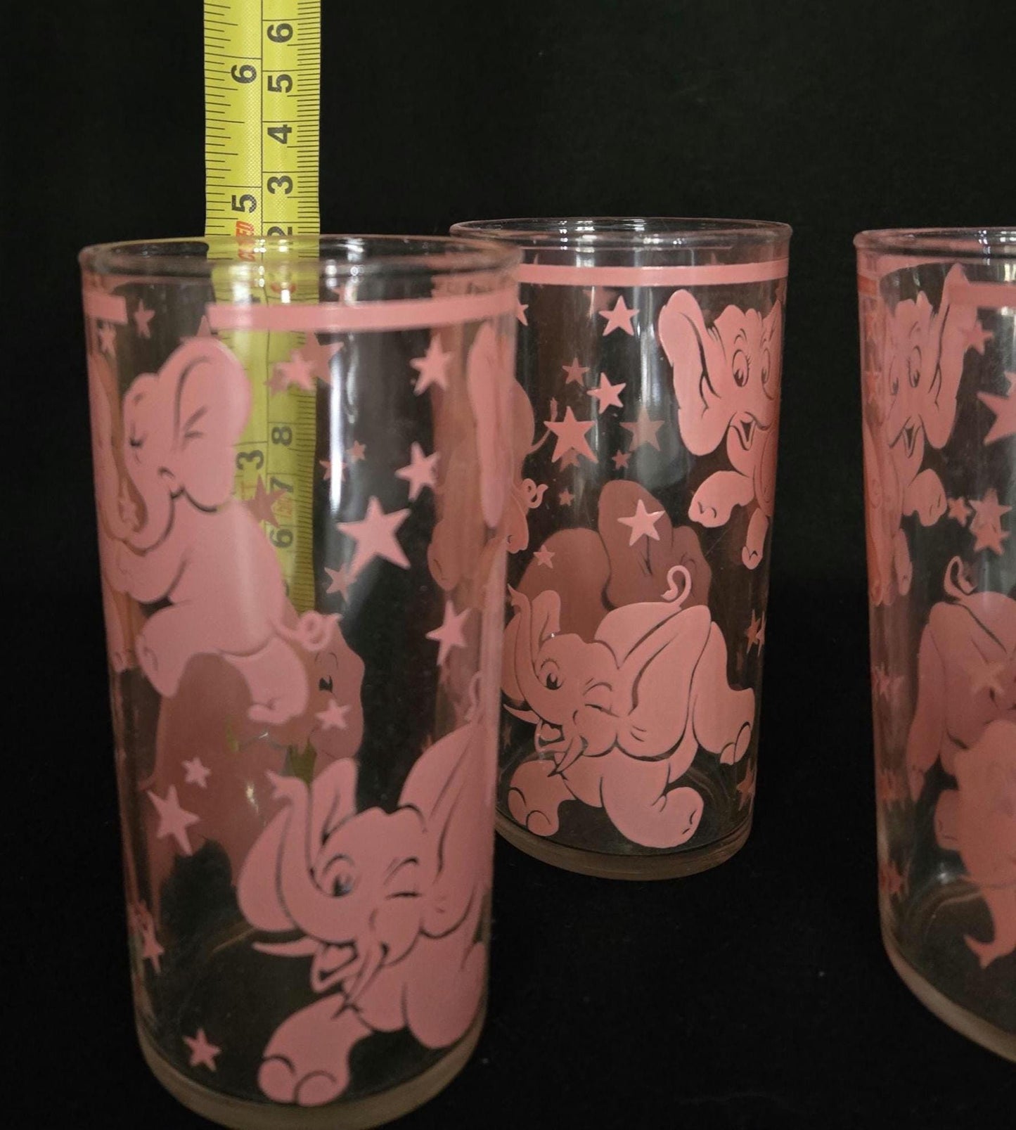 MINT Hazel Atlas Pink Pink Dancing Elephants & Stars Tumbler Glasses/ 1950's Merry Maker Barware Set / Pink Elephant Graphic Barware