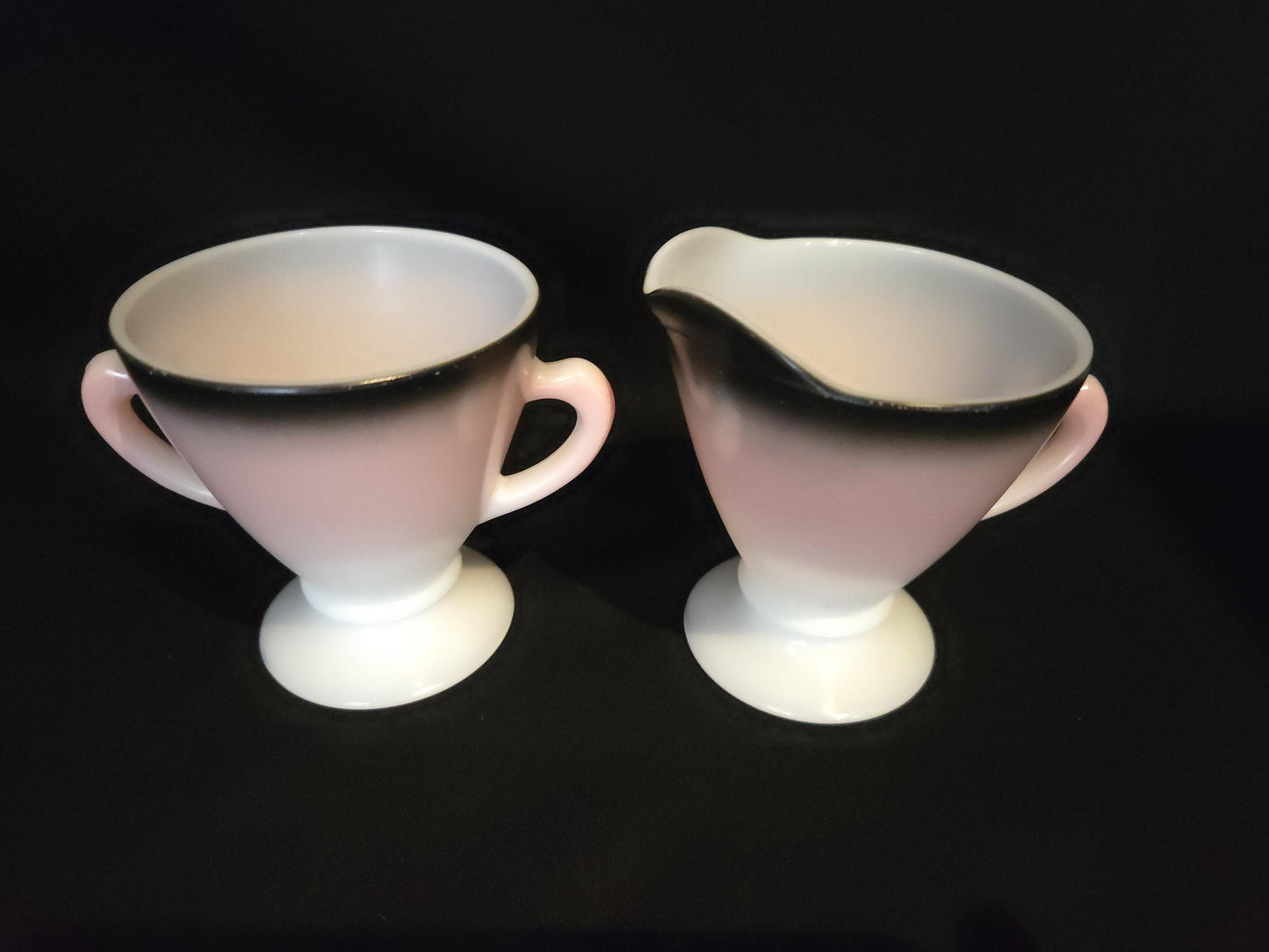 Hazel Atlas Ovide Platonite Creamer & Sugar in Pink Charcoal/ Vintage 1950 Kitchenware/ Ovide Hazel Atlas Collection