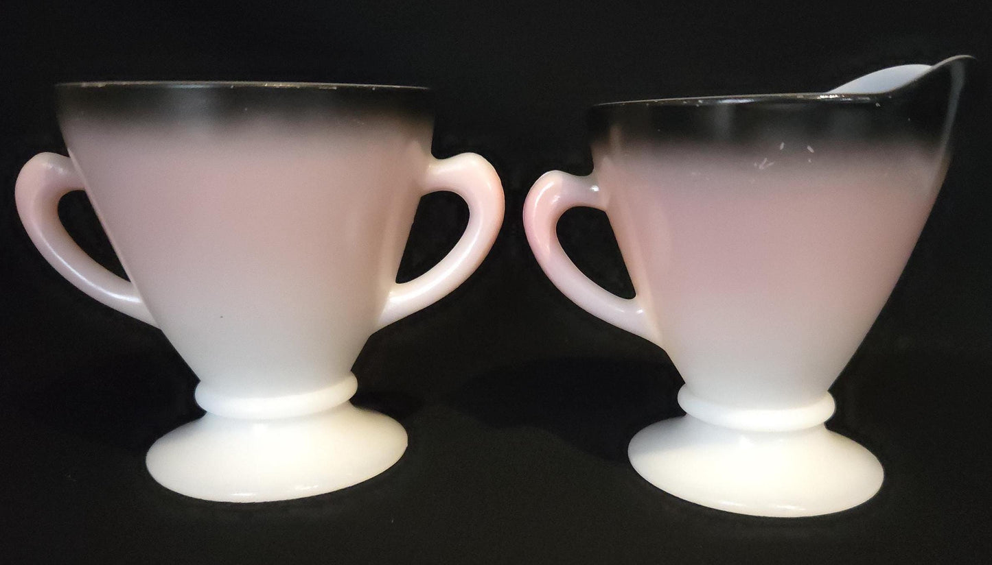 Hazel Atlas Ovide Platonite Creamer & Sugar in Pink Charcoal/ Vintage 1950 Kitchenware/ Ovide Hazel Atlas Collection