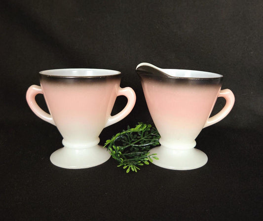 Hazel Atlas Ovide Platonite Creamer & Sugar in Pink Charcoal/ Vintage 1950 Kitchenware/ Ovide Hazel Atlas Collection