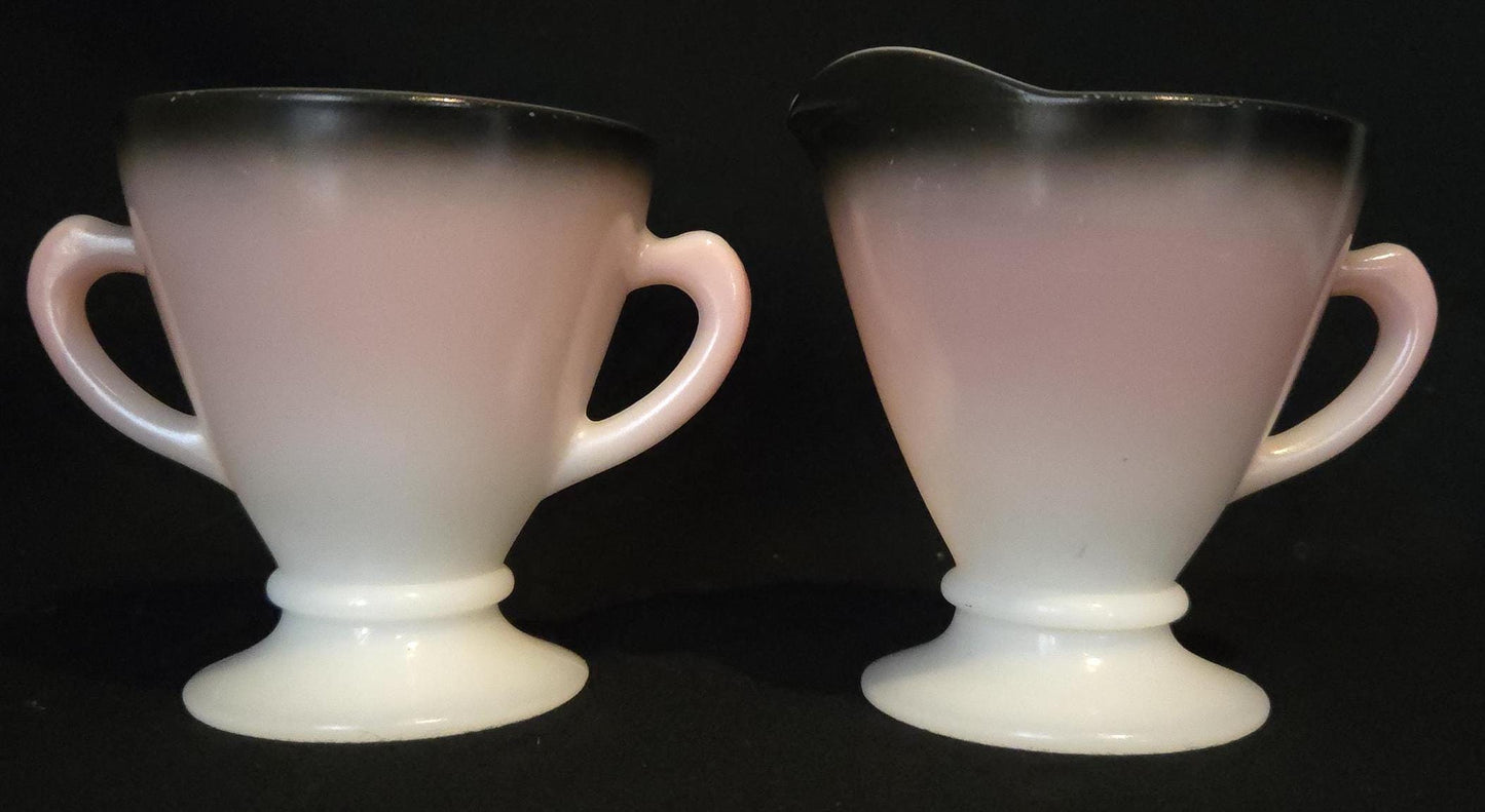 Hazel Atlas Ovide Platonite Creamer & Sugar in Pink Charcoal/ Vintage 1950 Kitchenware/ Ovide Hazel Atlas Collection