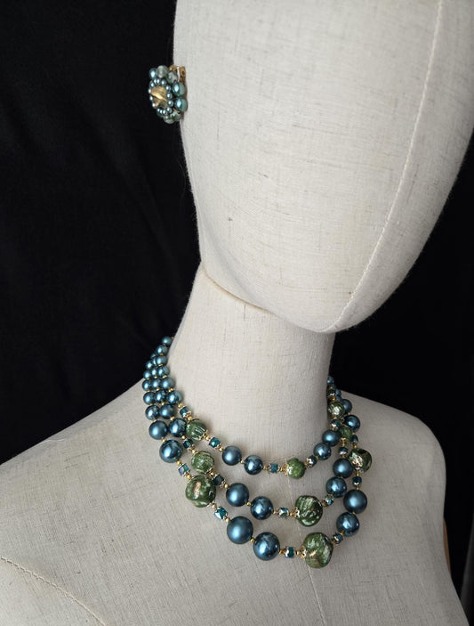 1950's Aqua Necklace & Earrings/ Vintage Fashion Accessory/ Retro Rockabilly Costume Jewelry