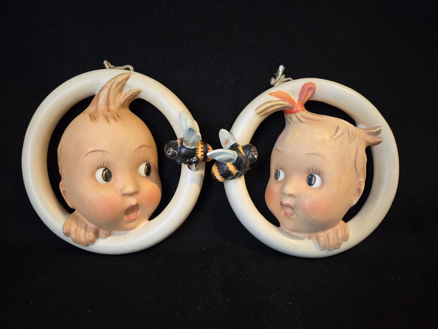 1957 MJ Hummel Ba-bee Boy & Girl Wall Plaque/ Pair German Hummel Ba-Bee Ring Wall Plaque/ Mid Century Kitschy Wall Decor