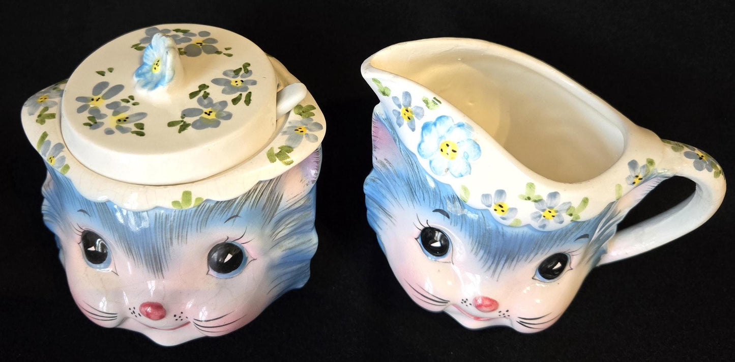 Lefton Miss Priss Cream & Sugar/ Anthropomorphic Miss Priss Character Collectible/ Vintage ESD Blue Miss Priss Kitty