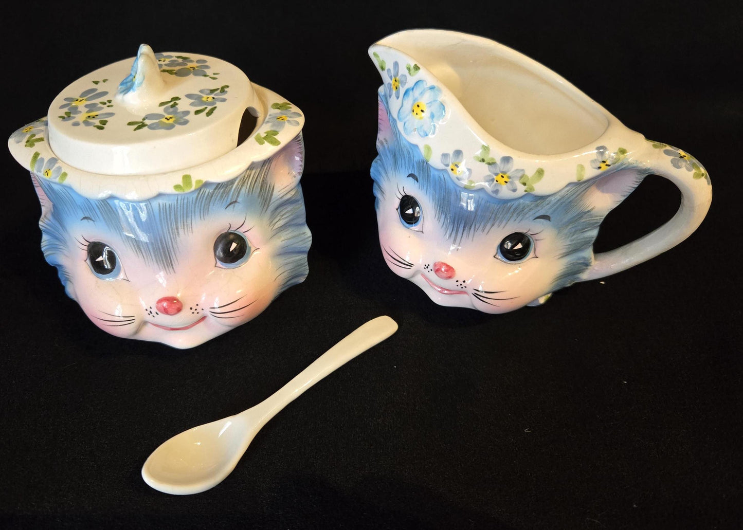 Lefton Miss Priss Cream & Sugar/ Anthropomorphic Miss Priss Character Collectible/ Vintage ESD Blue Miss Priss Kitty