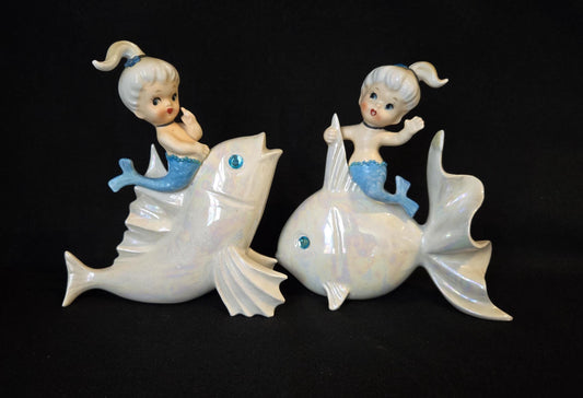 Norcrest Mermaids with Fish Wall Plaques/ 1950's Mermaid Wall Decor/ Vintage Norcrest Mermaid Wall Hanger