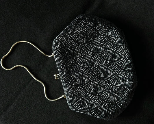 Vintage Black & Silver Beaded Handbag/ Mid Century Fashion Accessory/ Iridescent Black Embroidery Evening Clutch