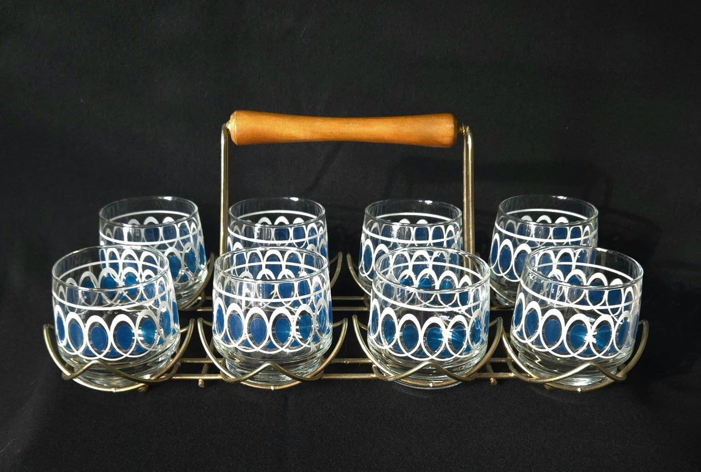 MCM Roly Poly 8oz Glasses with Caddy/ Mid Century Modern Barware/ Vintage Federal 'On the Rocks Tumblers' Set