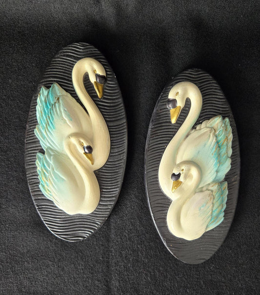 Vintage Chalkware Swan Plaques/ 1965 Miller Studio Wall Hanger/ Kitsch 1960's Bath Decor