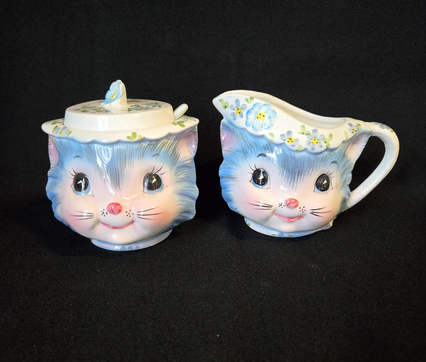 Lefton Miss Priss Cream & Sugar/ Anthropomorphic Miss Priss Character Collectible/ Vintage ESD Blue Miss Priss Kitty