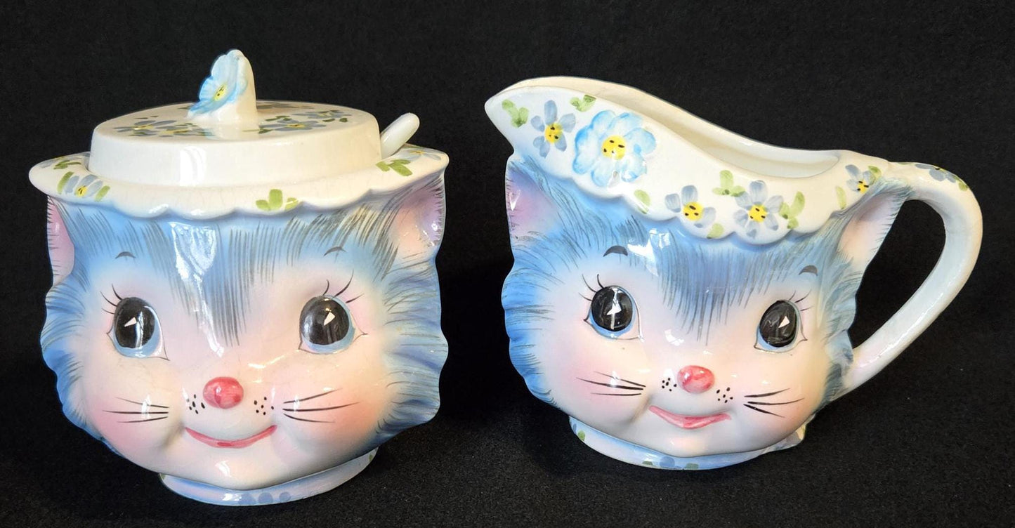 Lefton Miss Priss Cream & Sugar/ Anthropomorphic Miss Priss Character Collectible/ Vintage ESD Blue Miss Priss Kitty